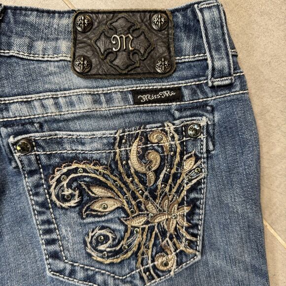 Miss Me JP5465B3 Bootcut Jeans Womens 28 Distressed Fleur-de-Lis Blue Denim - Picture 2 of 13